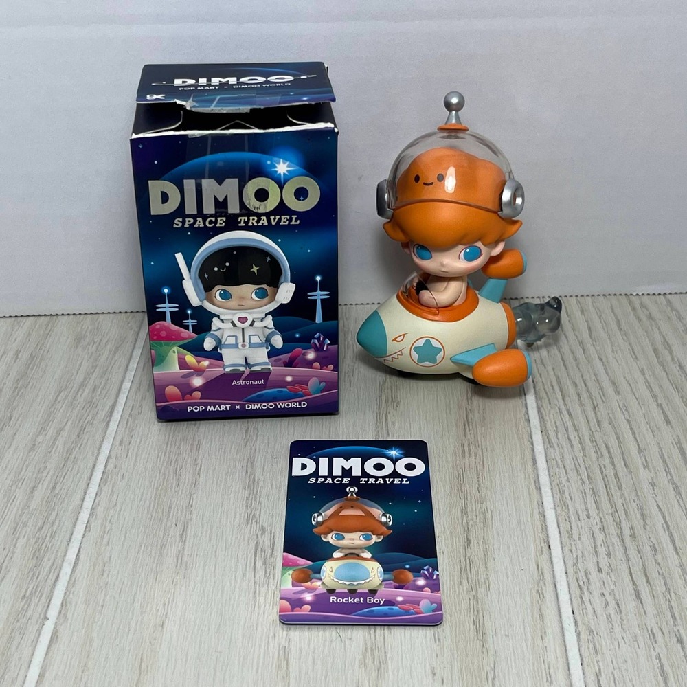 Pop Mart Dimoo World Space Travel Rocket Boy Figure Orange Blue Wheels Ship Box